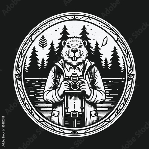 Vintage black and white illustration of a beaver photographer in the wild.