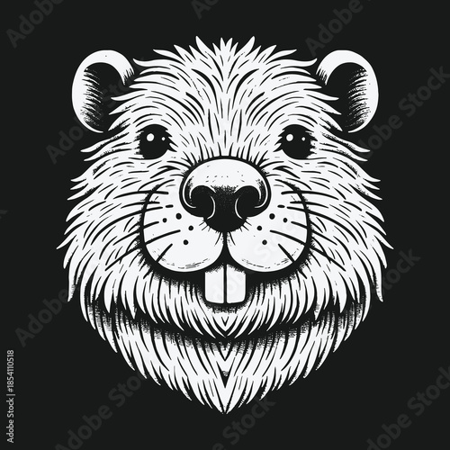 Monochrome vector portrait of a smiling beaver face.