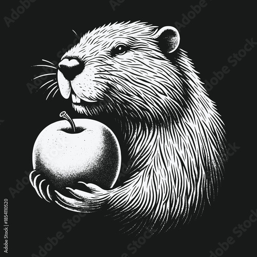 Engraving style beaver portrait holding a shiny apple on black background.