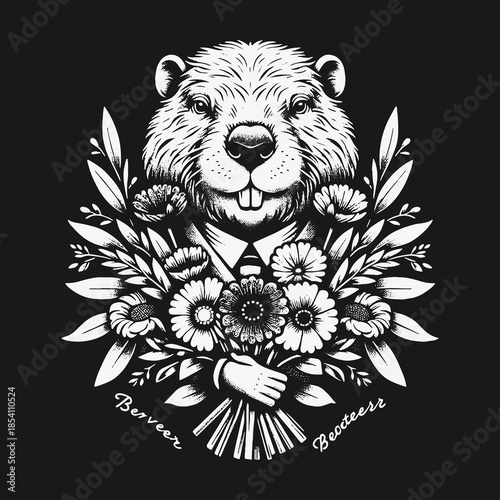 Hand drawn vintage style beaver portrait with flowers on black background.