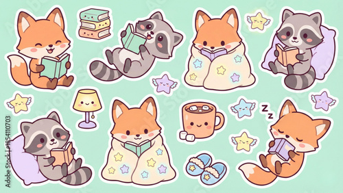 Adorable Illustrated Foxes and Raccoons Engaging in Cozy Indoor Activities, Reading, Sipping Warm Drinks, and Napping in a Charming Set of Relaxing Character Designs