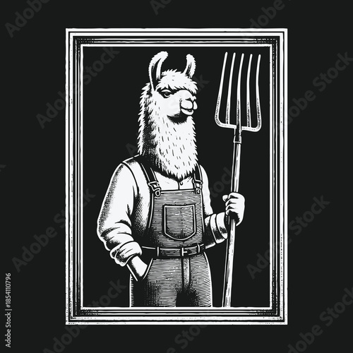 Black and white portrait of an anthropomorphic llama farmer holding a pitchfork.