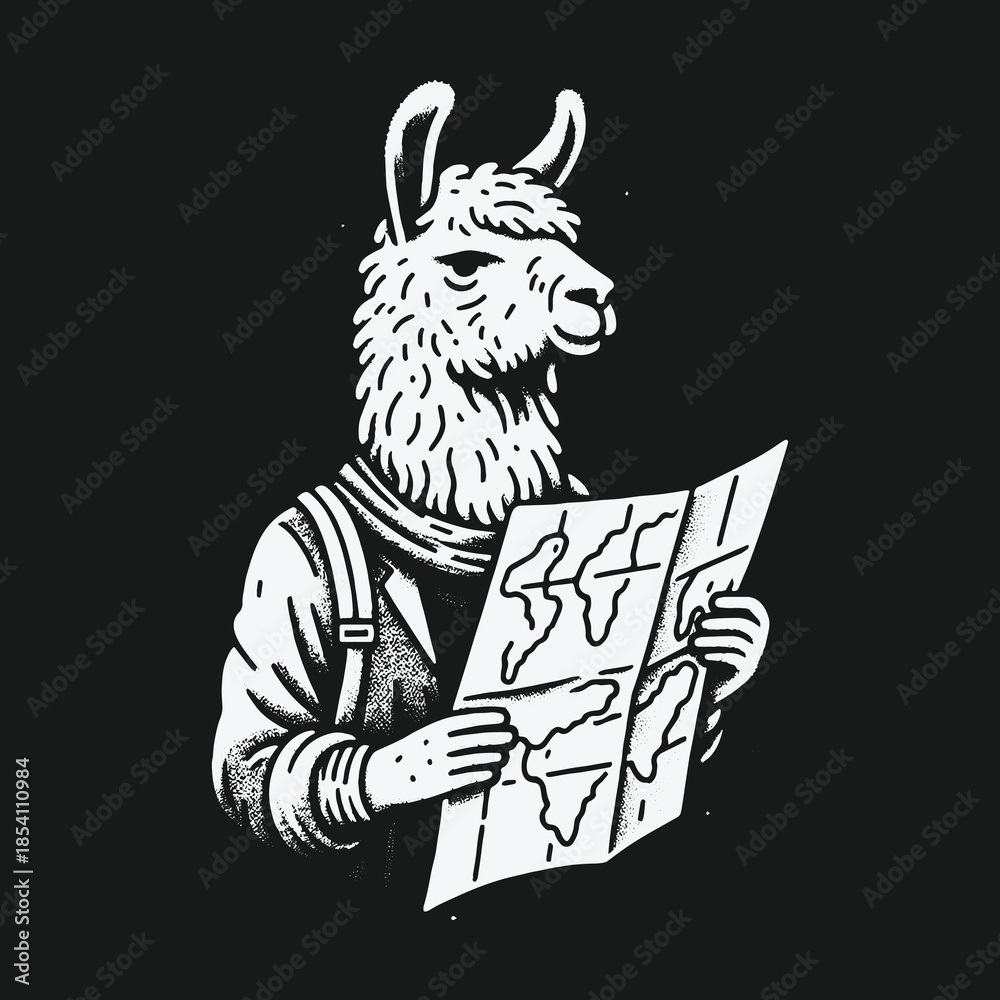 Fototapeta premium Well dressed llama adventurer planning a trip with a world map.