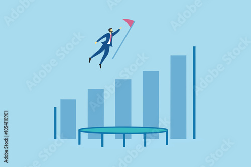 Business success a man jumping on a trampoline with a flag