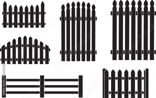 Collection of Black Silhouette Picket Fence Designs on White Background Keywords: fence, picket fence, garden