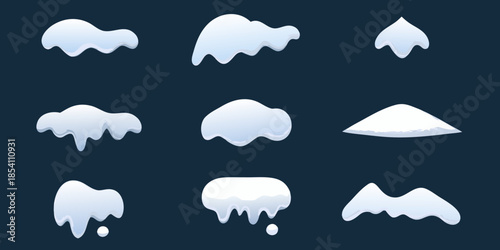Various white snow drifts and shapes isolated on a dark blue background