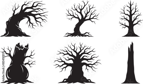 Collection of six stylized black silhouettes of spooky bare trees and stumps dead