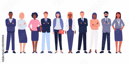 Diverse group of professionals standing together in a line confidently posed