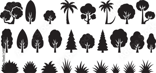 Diverse Black Silhouettes of Trees and Bushes on White Background plant nature