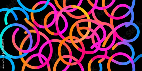 Abstract colorful loops and swirls on a dark black background