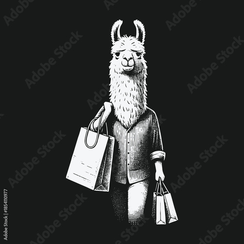 A well dressed anthropomorphic llama goes shopping.