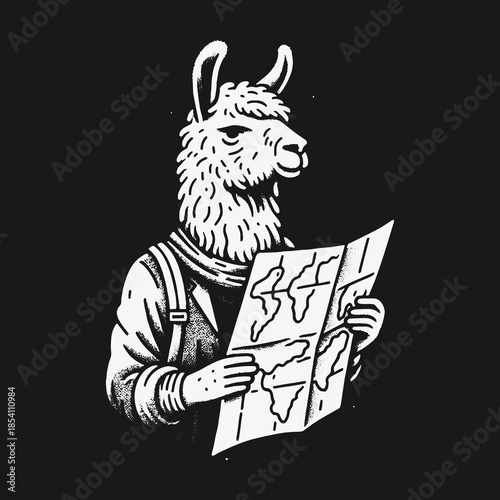 Well dressed llama adventurer planning a trip with a world map.