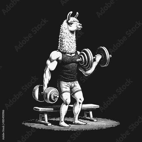 Muscular Llama Bodybuilder Lifting Heavy Dumbbells in a Gym Setting.