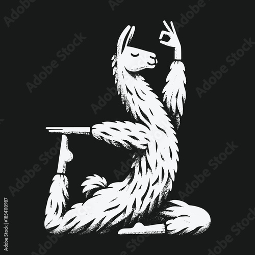 Funny white llama practicing a yoga pose on a black background.