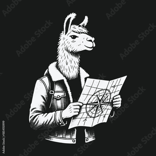 Anthropomorphic llama traveler in a jacket reading a navigation map.