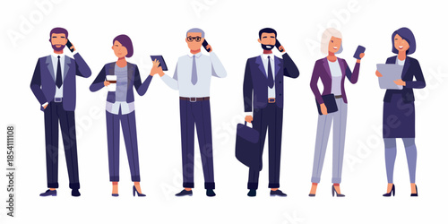 Diverse group of professionals communicating with mobile devices in a line