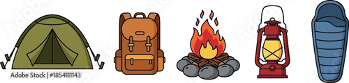 Set of 5 camping essential icons flat style illustration showing a dome tent backpack campfire lantern and sleeping bag