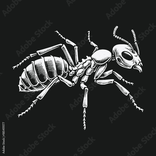 Detailed Engraved Ant Illustration on Black Background.