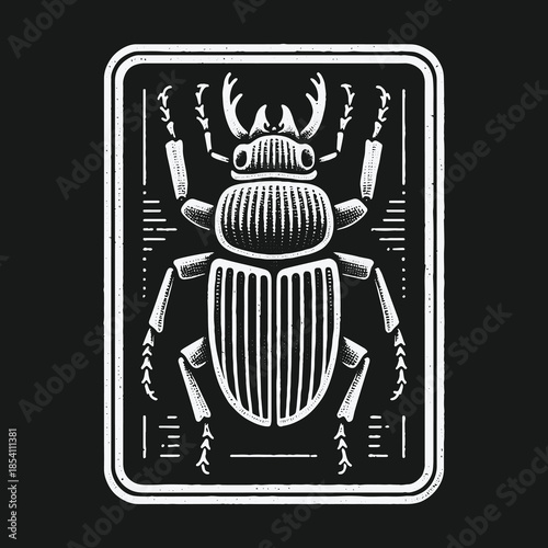 Stylized stag beetle illustration in a vintage woodcut style.
