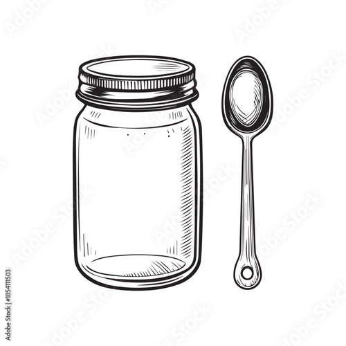 Black and white jam jar with spoon vector illustration simple flat design element isolated on white background