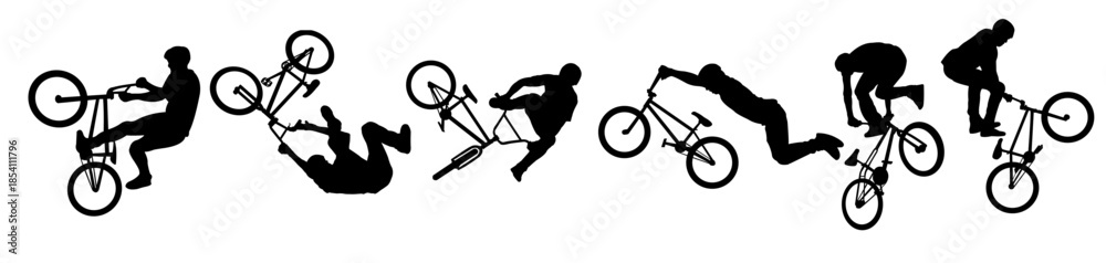 Obraz premium set of BMX cyclists silhouettes isolated on white background, BMX stunt silhouettes, BMX freestyle silhouettes, bmx cyclists freestyle vector illustration