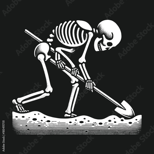 Monochrome vintage illustration of a skeleton digging a grave with a shovel.
