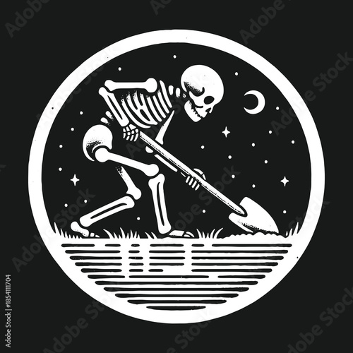 Gothic vector illustration of a skeleton digging at night.