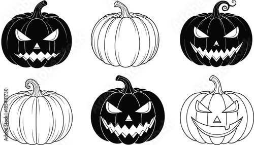 Collection of six unique hand drawn halloween pumpkin designs