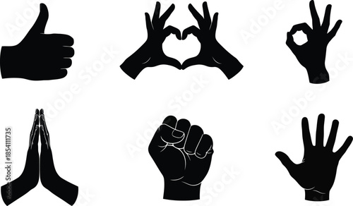 Collection of six different hand gestures in black silhouette