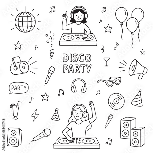 Lively vector illustration of a DJ playing music at a disco party with musical notes, disco ball, microphone, and party elements. Perfect for party-related designs and themes