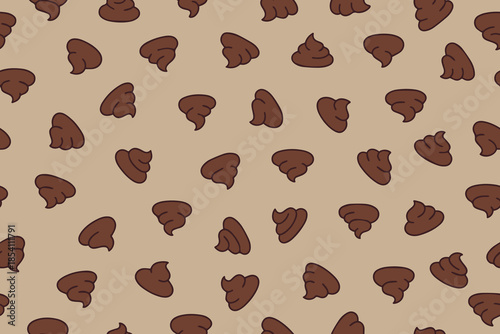 Seamless pattern of feces of various shapes on a beige background.
