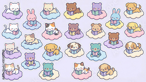 Cute cartoon animals reading books on clouds, whimsical illustration for children and fantasy lovers