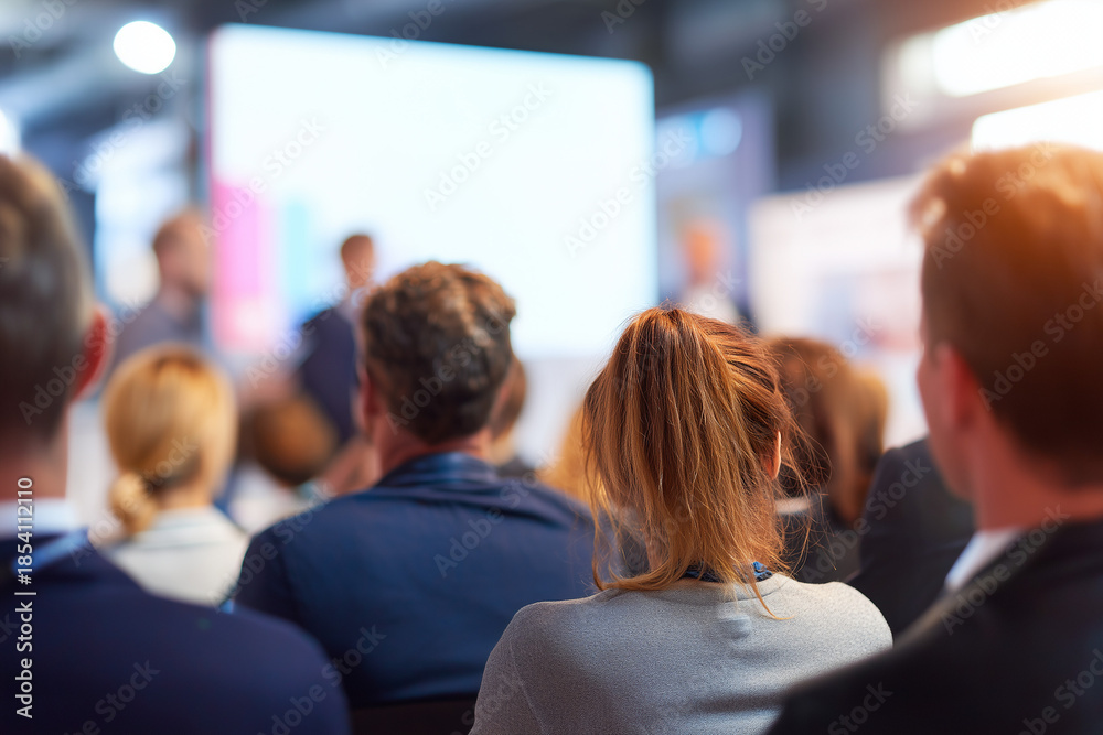 Fototapeta premium Close up of a Group of people attend corporate event. Female Audience watches projection screen with sustainability presentation . Professionals learn in classroom setting. Teamwork, education, strate
