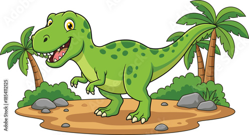 Cute cartoon dinosaur tyrannosaurus rex character, smiling prehistoric animal illustration for kids children mascot design vector isolated white background art