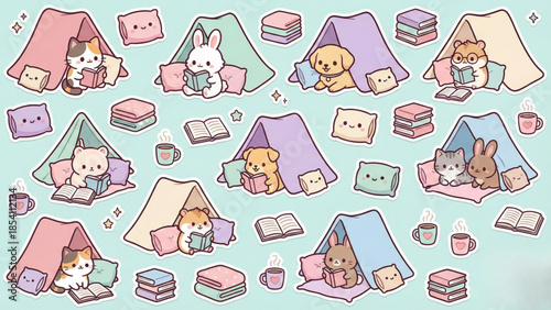 Delightful pattern of cute cartoon animals reading books in cozy tents, surrounded by soft pillows and warm mugs, creating a charming and peaceful indoor camping scene