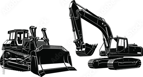 Bulldozer and excavator construction machinery illustration featuring heavy equipment vehicles for industrial engineering and building design projects applications