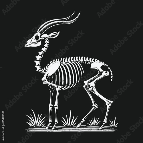 Anatomical illustration of a gazelle skeleton standing on grass.