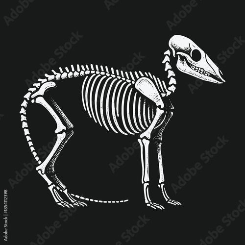 Detailed scientific illustration of a complete mammal skeleton.