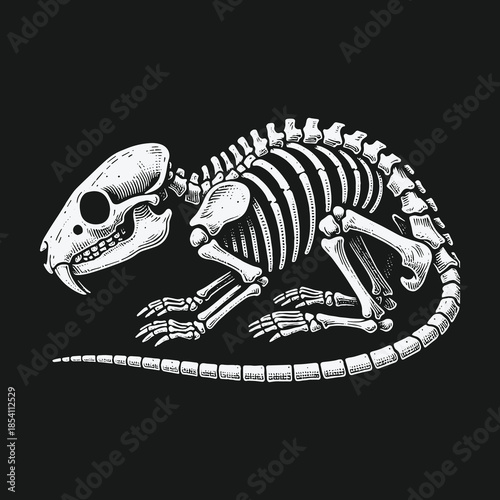 Anatomical illustration of a complete rat skeleton on a dark background.