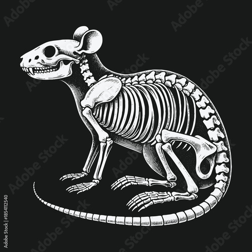 Detailed anatomical illustration of a rat skeleton on a black background.