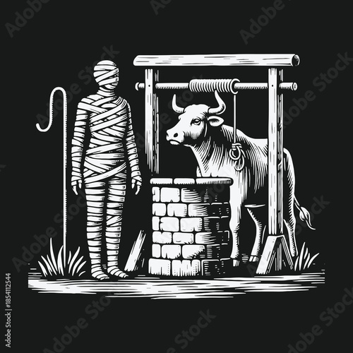 Surreal vintage illustration of a mummy and a bull at a stone well.
