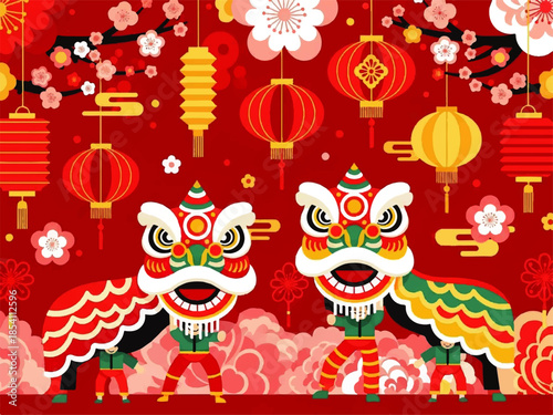 Festive Chinese Lion Dance Pair on Red Background with Lantern Decorations for Lunar New Year