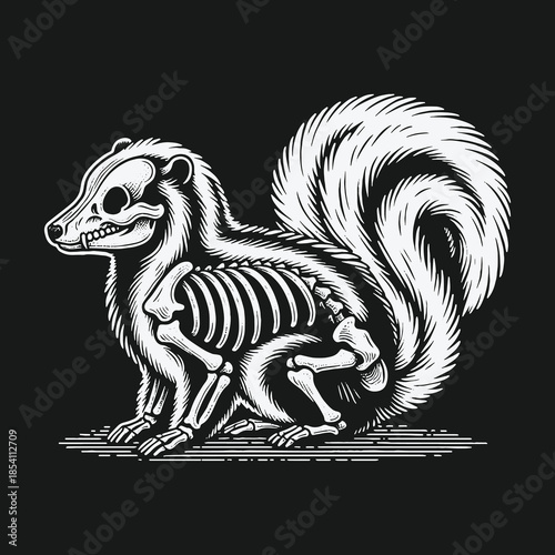 Skunk skeleton anatomy illustration in a vintage engraving style.