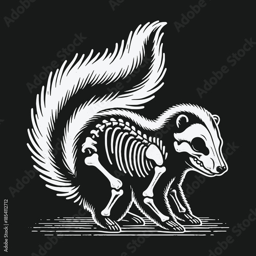 Monochrome woodcut style illustration of a skunk skeleton.