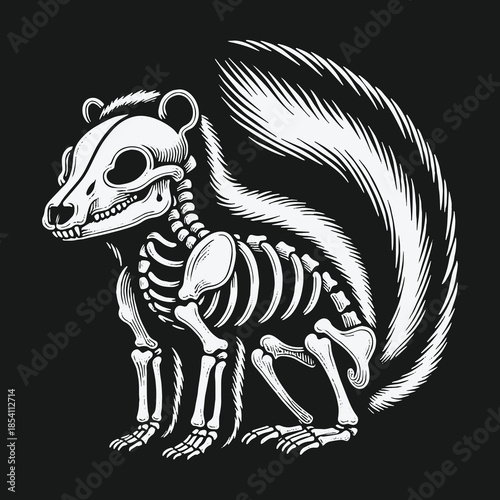Monochrome illustration of a skunk skeleton anatomy.