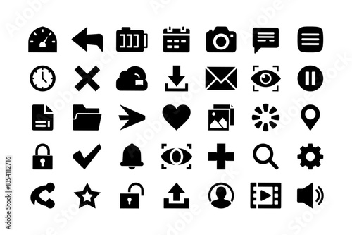 Universal black vector icons set with various user interface | Speedometer, arrow, battery, calendar.