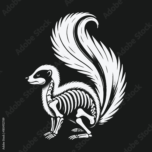 Monochrome skunk illustration with a visible skeleton design.