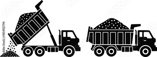 Dump truck silhouettes set showing loading and unloading construction vehicles for transportation, mining and industrial engineering design projects