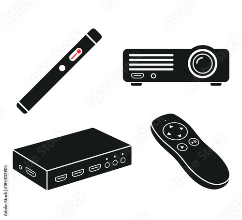 Presentation equipment vector illustration set with remote and projector