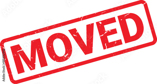 Distressed Red MOVED Stamp with Angled Rectangular Border on White Background Indicating Relocation